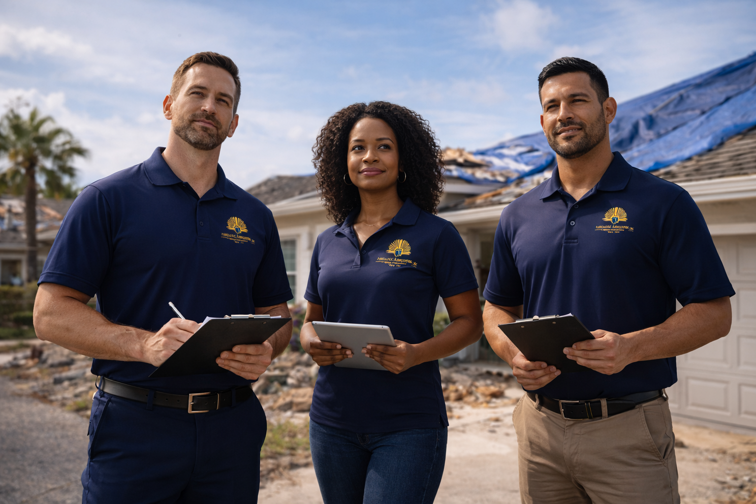 JD Public Adjusters team of licensed professionals standing in front of storm-damaged home