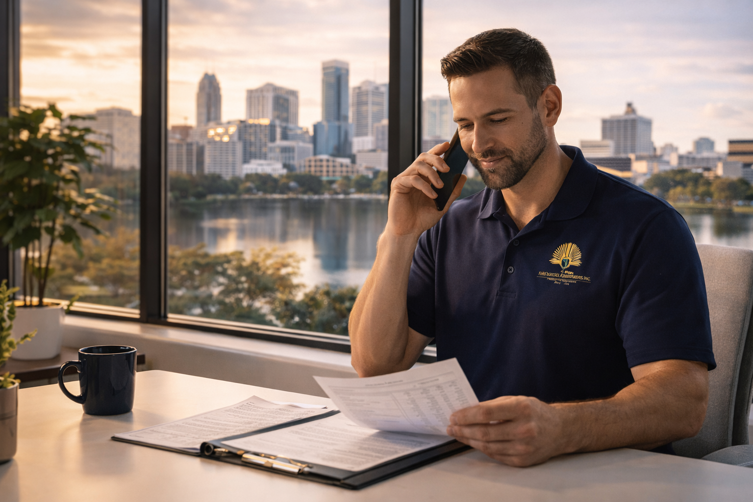 JD Public Adjuster on phone reviewing insurance claim documents in professional office