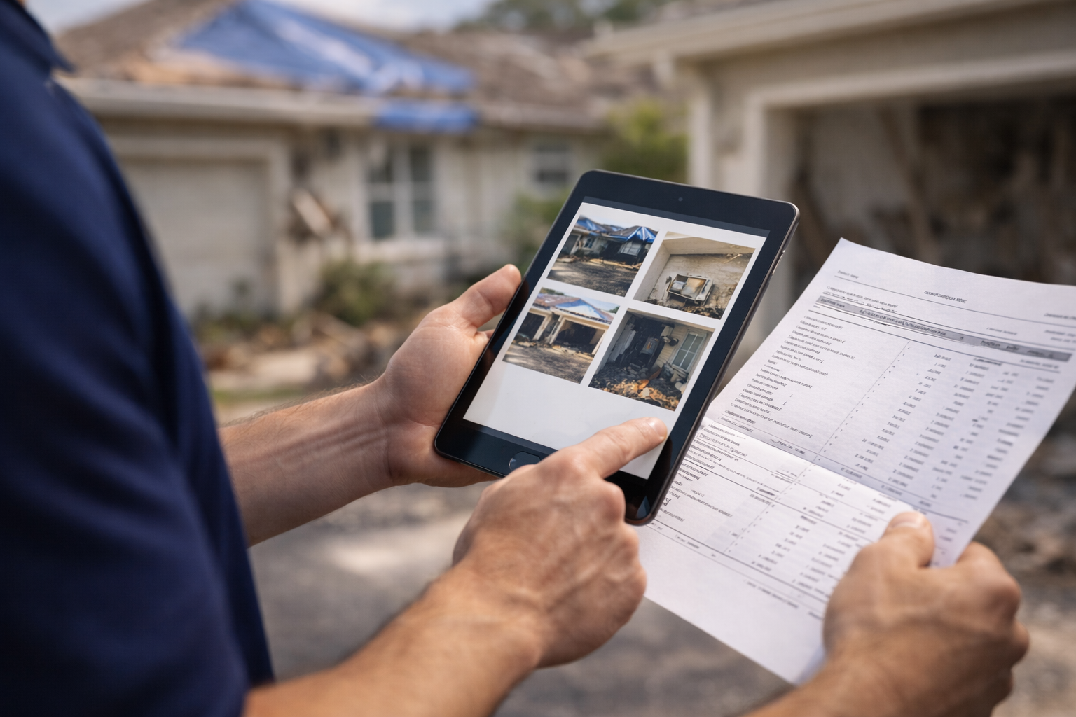 Public adjuster documenting property damage on tablet during insurance claim inspection