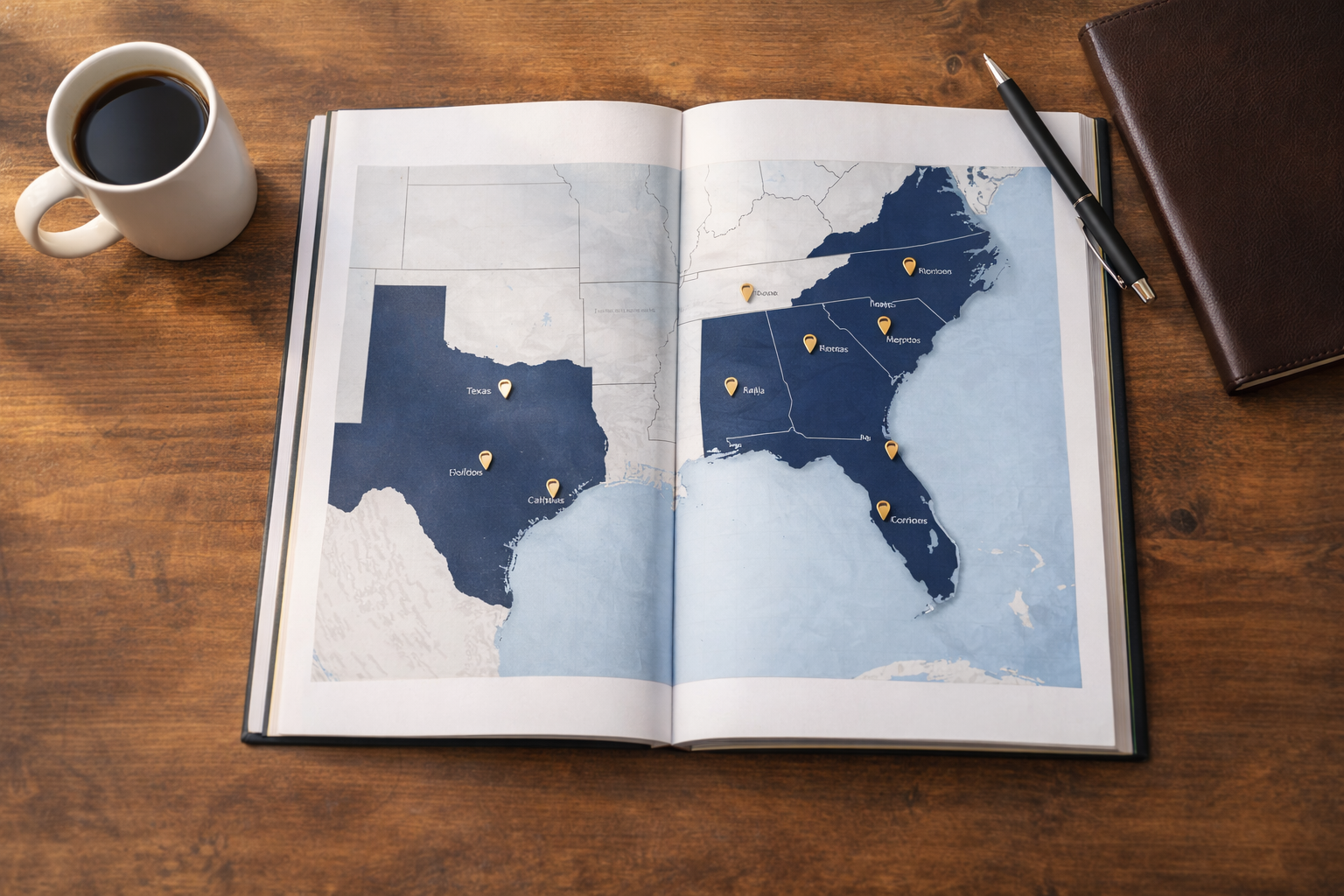 Map showing JD Public Adjusters licensed states: Florida, Texas, Louisiana, North Carolina, South Carolina, Georgia