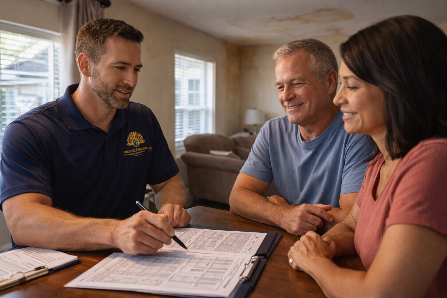 JD Public Adjuster reviewing insurance policy documents with homeowner clients