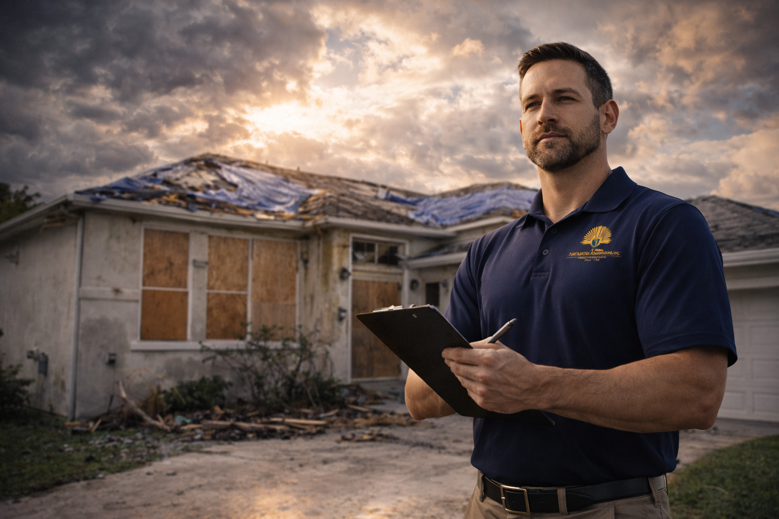 Public adjuster standing in front of storm-damaged property ready to file insurance claim