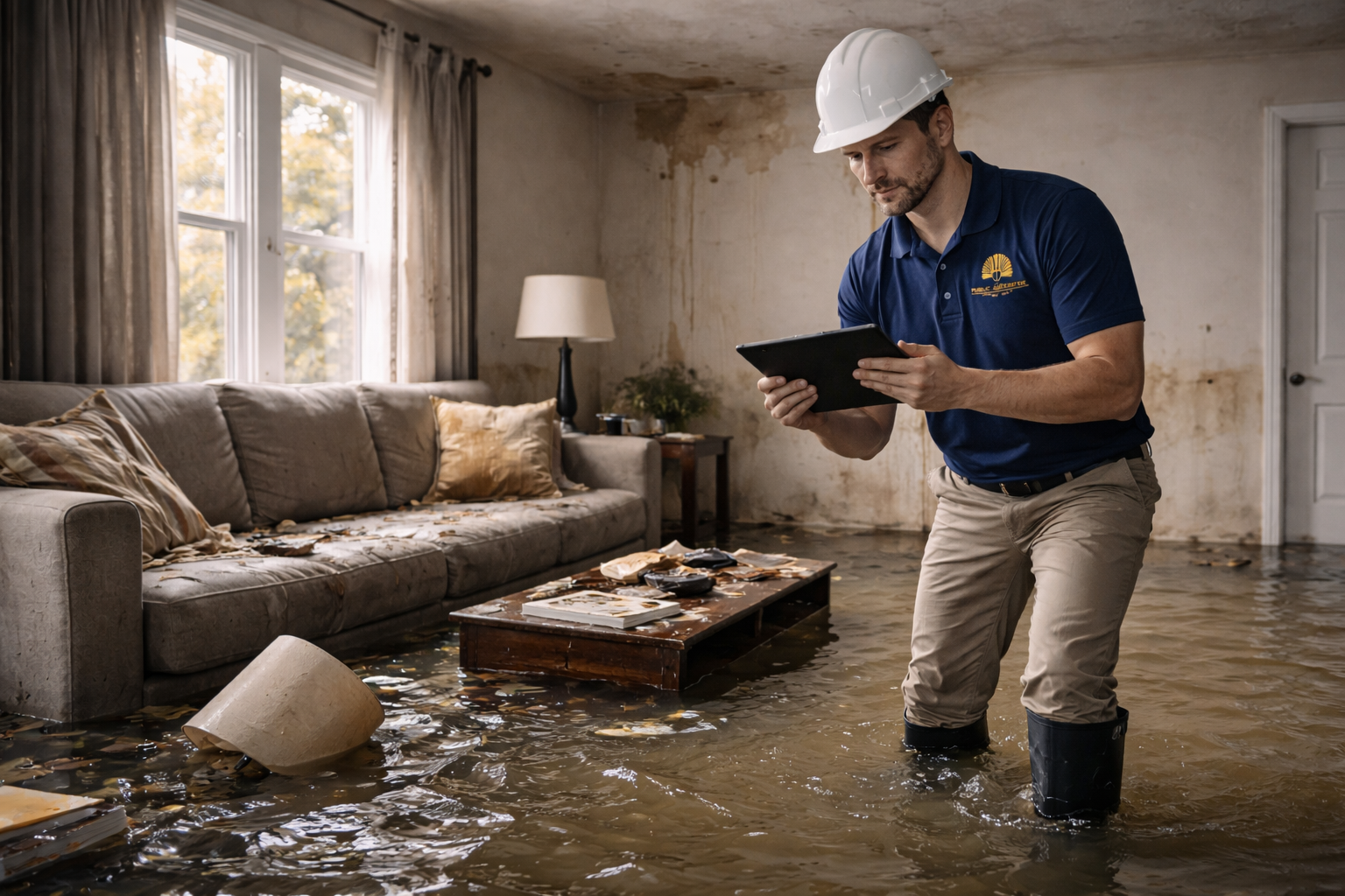 Flood damage inside home requiring insurance claim documentation