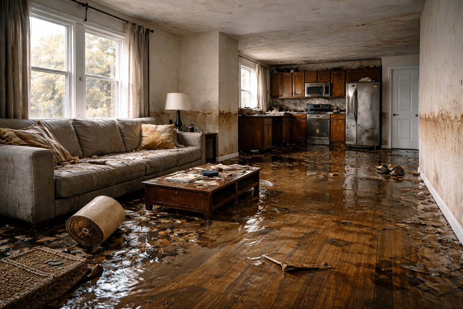 Flood damage inside home requiring insurance claim documentation
