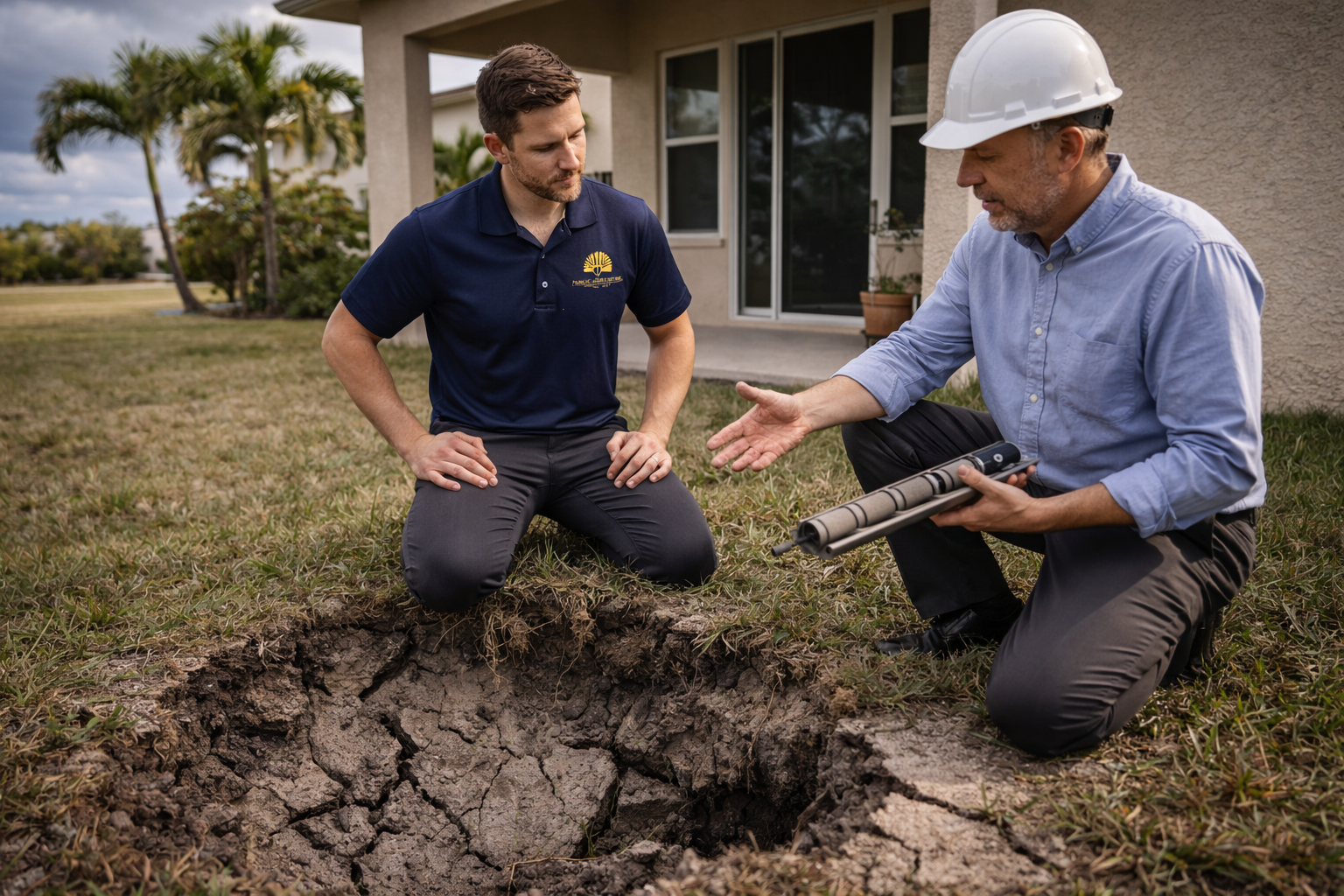 Public adjuster and geotechnical engineer examining sinkhole damage at a Florida home