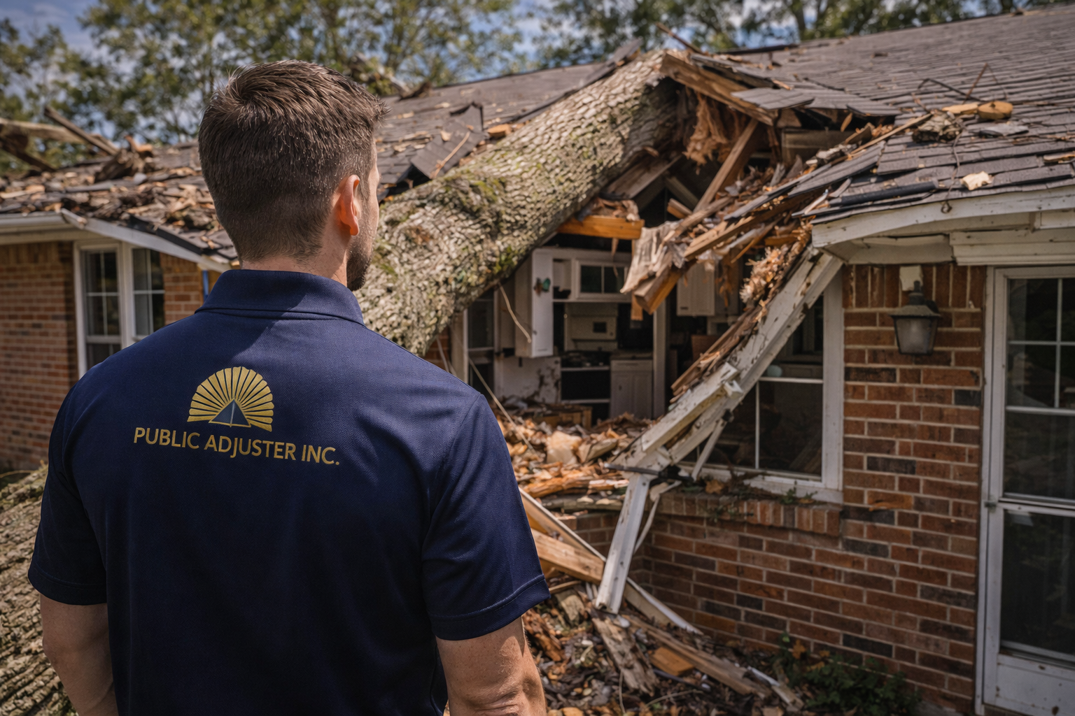 Public adjuster surveying large oak tree fallen through roof of a Georgia home