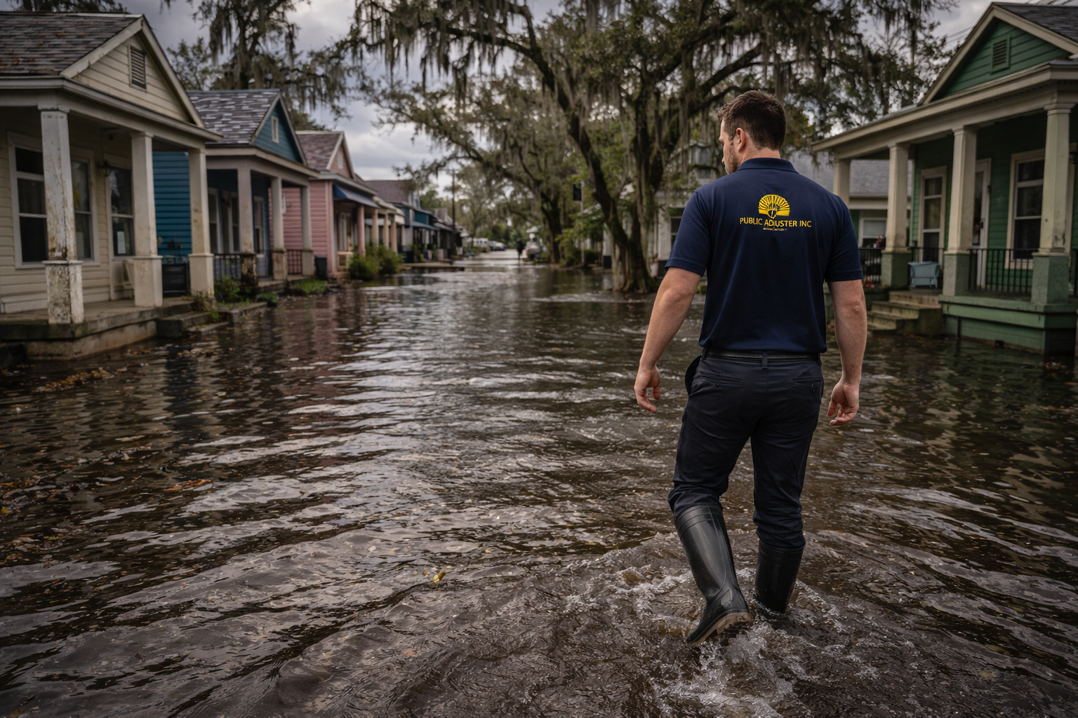 Public adjuster wading through floodwater on a Louisiana residential street