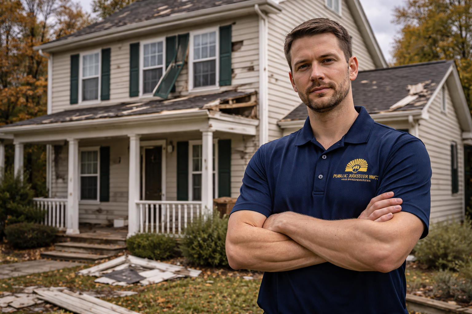 Public adjuster inspecting storm wind damage on a North Carolina home