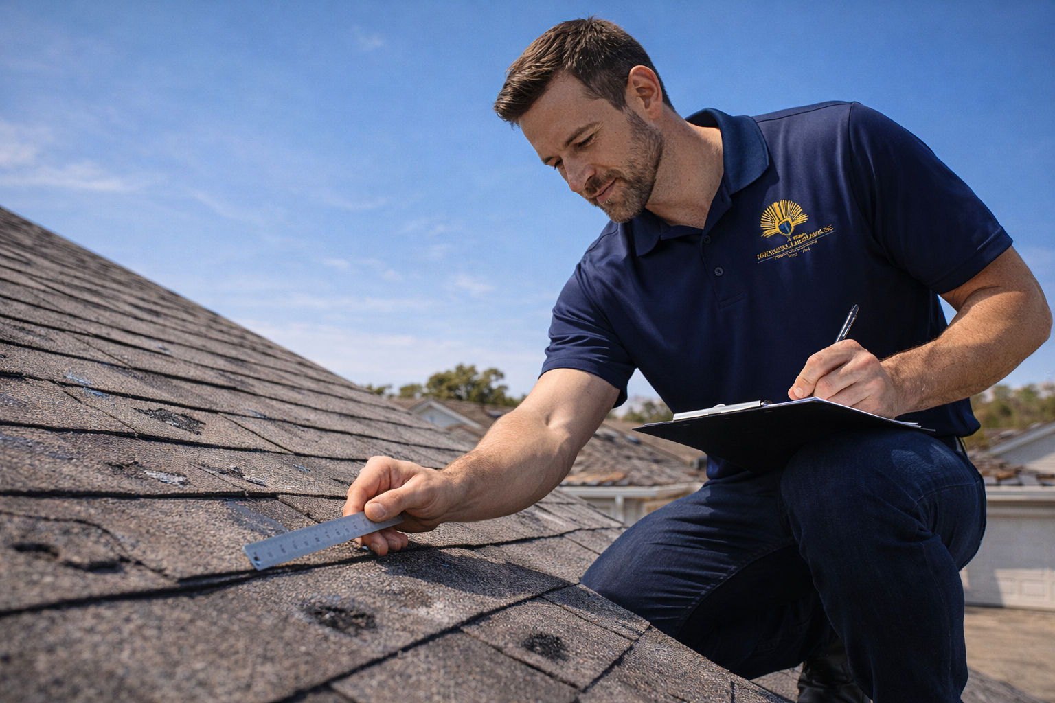 Public adjuster inspecting roof damage after storm