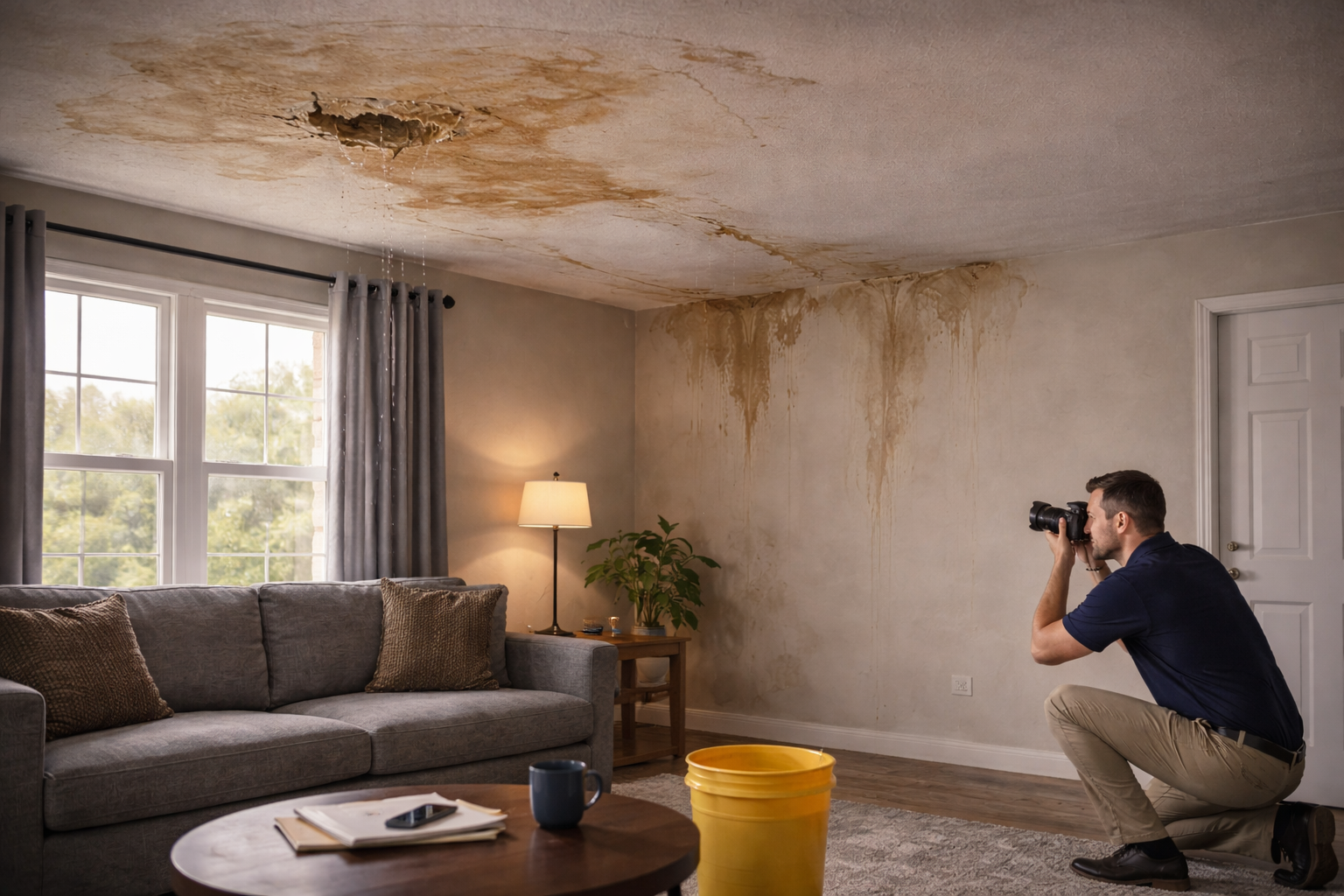 Water stains and roof leak damage inside a home
