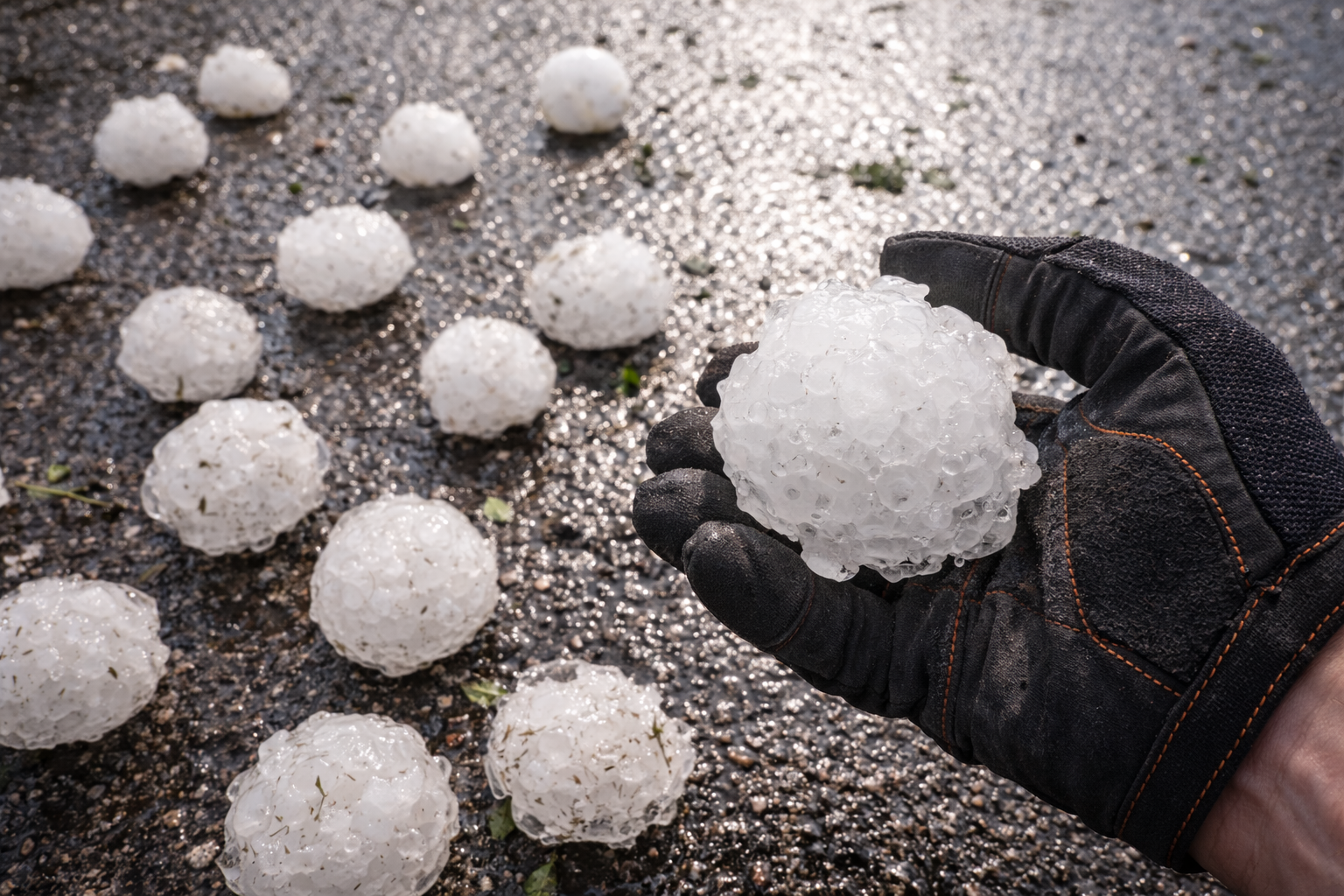Large hailstones on a Texas driveway after a severe storm